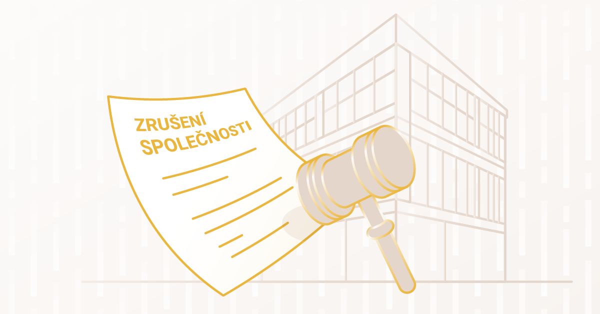 Ilustrace soudcovského kladívka, dokumentu s nadpisem zrušení společnosti, v pozadí kancelářská budova, symbolizující rozhodnutí o zrušení společnosti.
