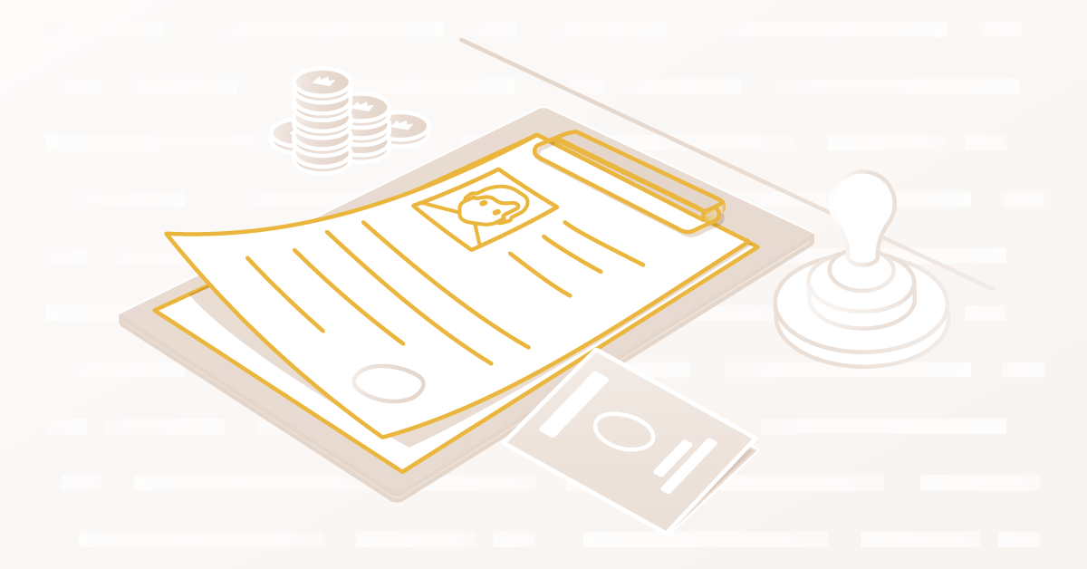 Ilustrace několika listů papíru, vedle kterých je kulaté razítko, symbolizující například vydané živnostenské oprávnění